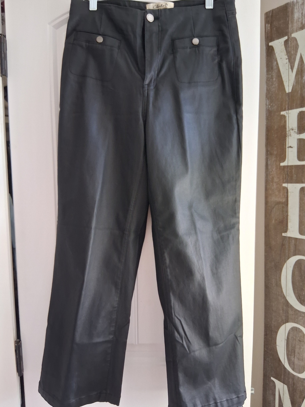 Charlie B Womens Black Wide-Leg Faux Leather Pants Sz 8..28 length